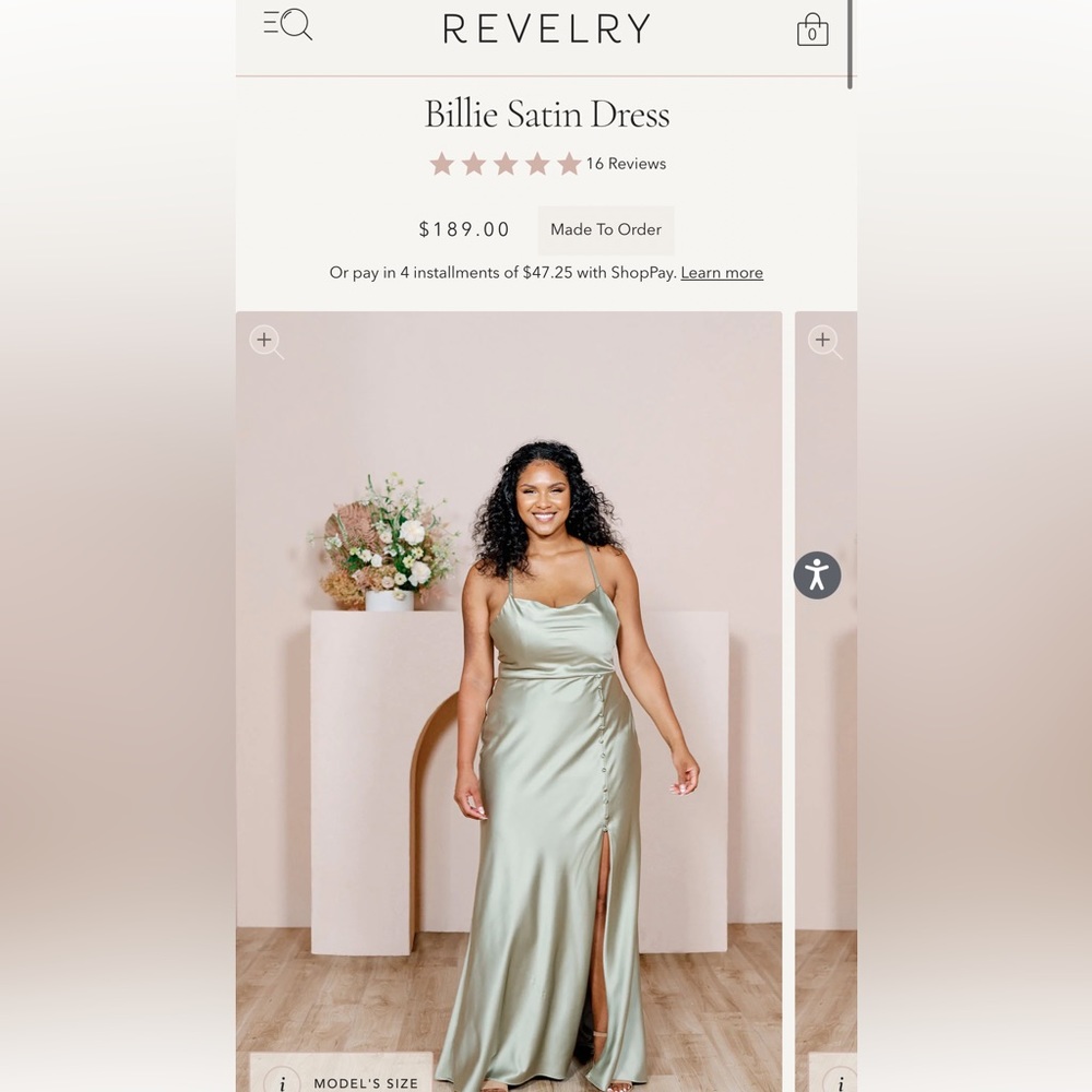 Revelry Billie Satin Dress in the color silver sage. Size 2